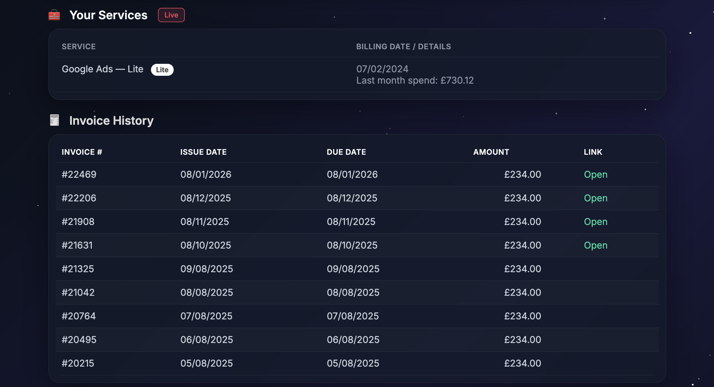 Services & Invoice History